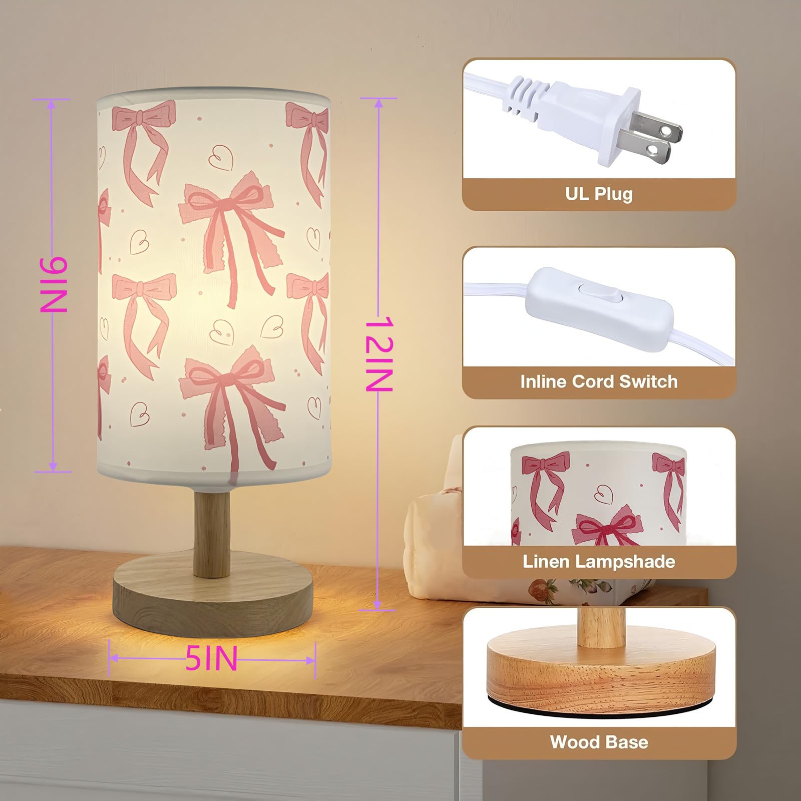 Różowa lampa stołowa z kokardą, 3 kolory lampka nocna do sypialni dziecięcej lampka nocna lampka nocna do pokoju dziewczęcego dekoracyjne światła z kreskówkową tkaniną lnianą abażur lampa biurkowa dla