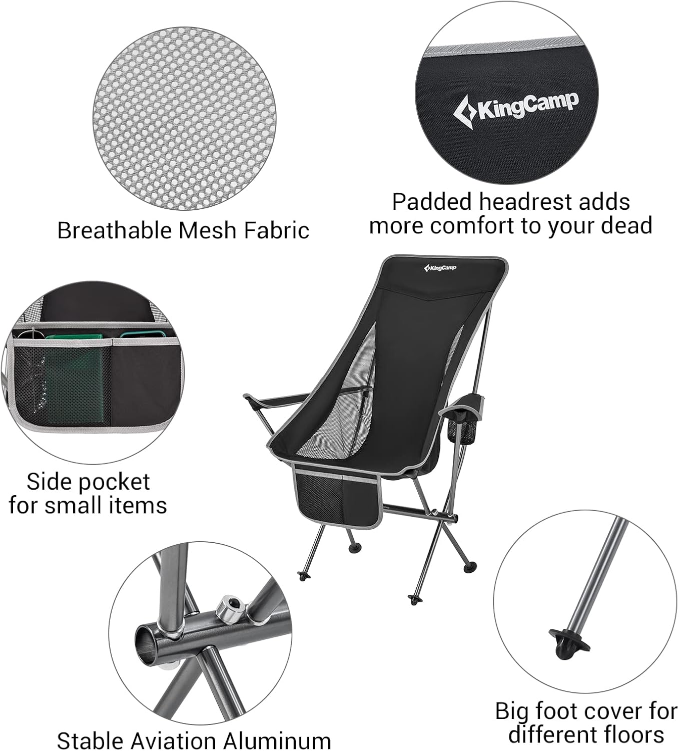 KingCamp Compact Camping Chair with Armrest Ultralight High Back Backpacking Chairs for Adults Lightweight Folding Chair Heavy Duty Support 265 Lbs Portable for Traveling, Lawn, Festival, Black : Sports & Outdoors