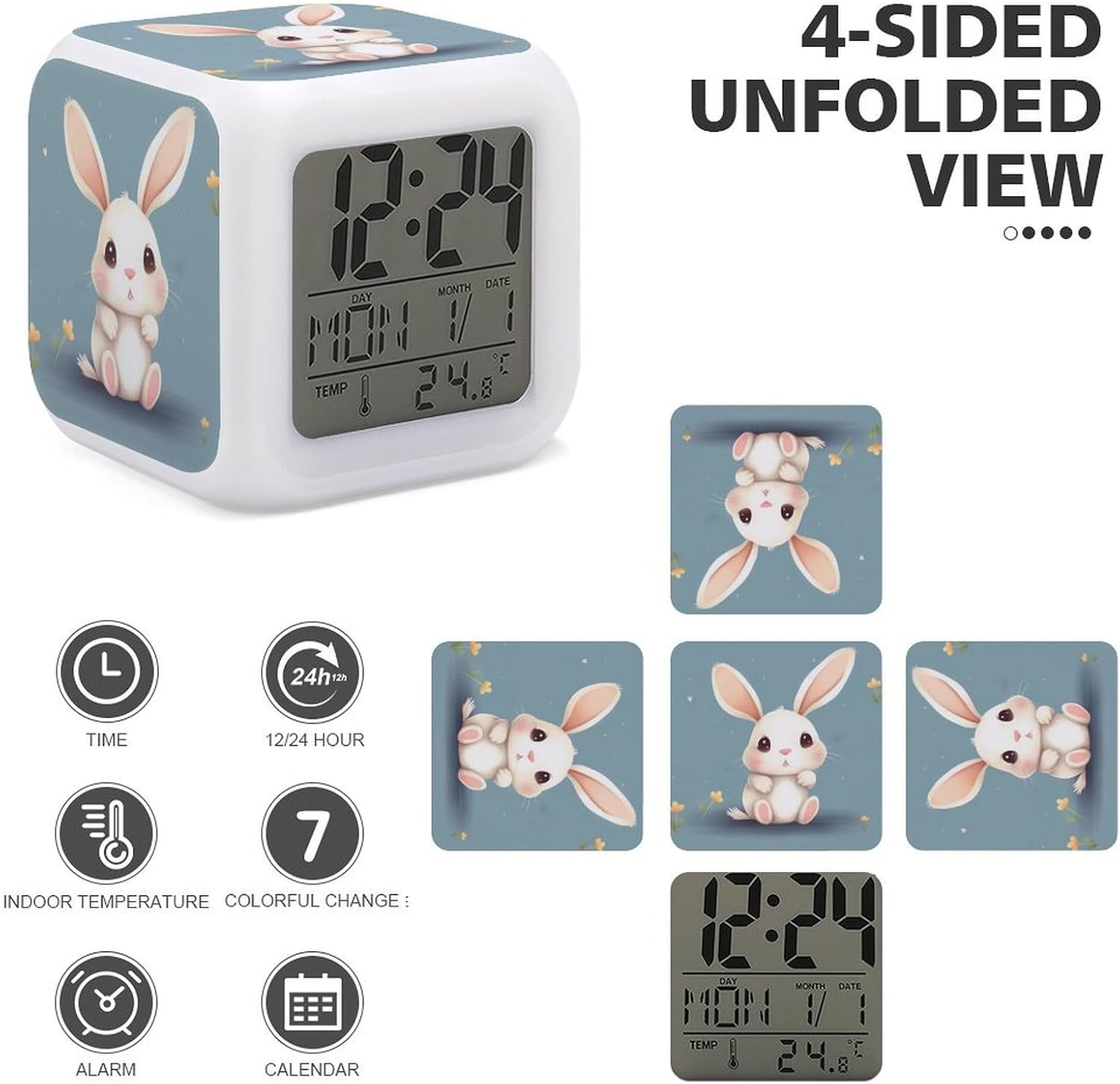 Cartoon Cute Bunny Alarm Clock 7 Color Changing Nightlight image 3