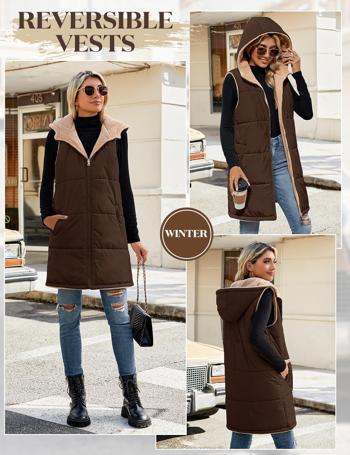 Womens Fall Reversible Vests Sleeveless Fleece Hoodie Jacket Zip Up Winter Warm Hooded Long Coat Outerwear with Pockets - Image 2