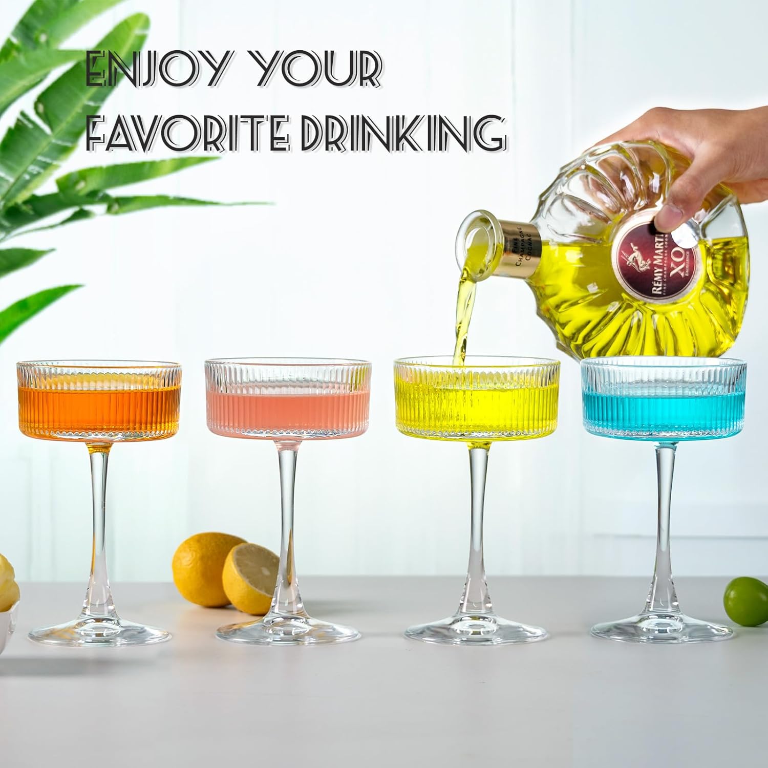 FrutPunch Martini Glasses Set of 4, 8OZ Ribbed Coupe Glasses, Bar Drinking Glass Set, Suitable for Cocktails, Wine, Champagne and Gifts