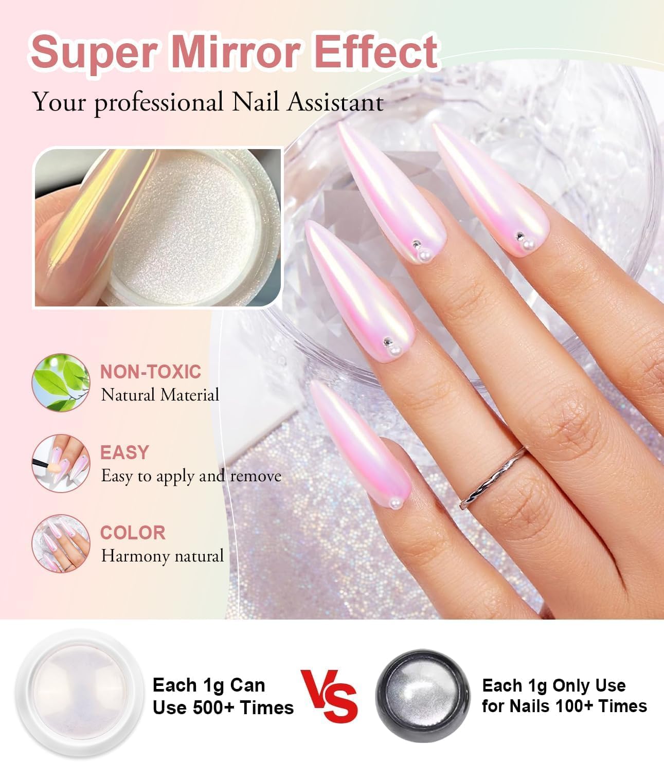 6PCS Chrome Ongles Super Miroir, Poudre Holographique Métal Vernis Gel, Effet Doré Iridescence Aurore Nacrée Pigment, Décoration Salon DIY Nail Art