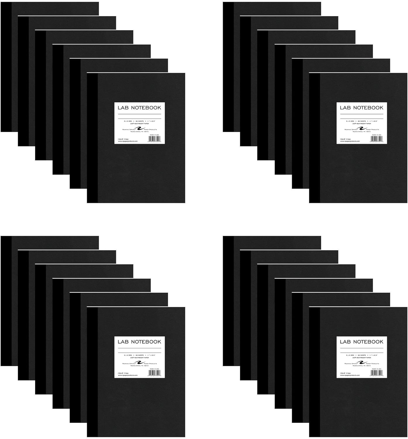 Roaring Spring Black Science Lab Notebook, 5x5 Graph Ruled, 11" x 8.5", 60 Sheets Premium White 20# Paper, Proudly made in USA, Durable Laminated Cover (Pack of 24)