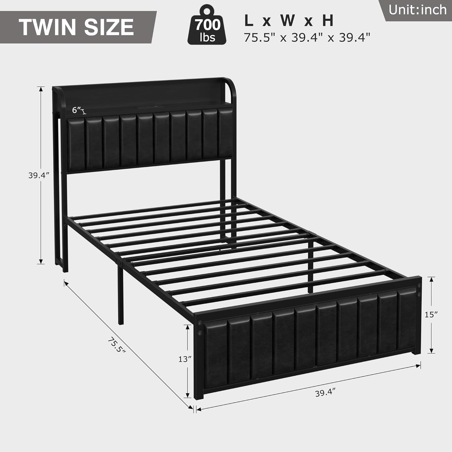 vecelo twin bed frame, storage upholstered headboard with charging station, platform bedframe, heavy duty metal slats, no box spring needed, noise-free, easy assembly, dark&black dark&black twin