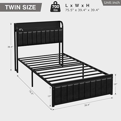 Miniatura 2 de VECELO Base de cama individual, cabecera tapizada de almacenamiento con estación de carga, marco de cama de plataforma, listones de metal Negro y