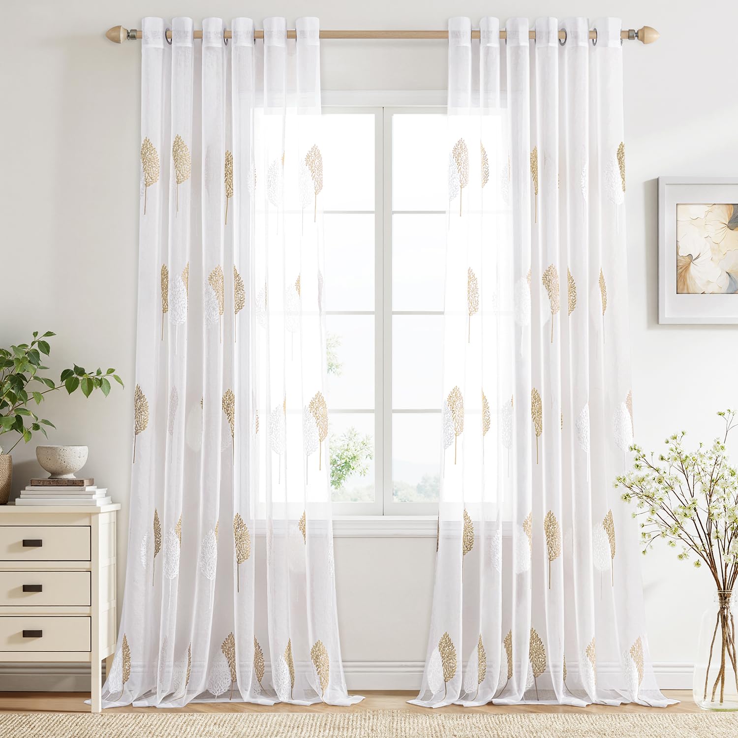 Rideau voile brodé haut de gamme à œillets avec délicat motif végétal marron de 200 x 245 cm