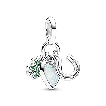 PANDORA Ciondolo Moments in argento Sterling con trifoglio, cuore e ferro di cavallo con zirconi cubici trasparenti, cristallo verde reale e opale bianco creato in laboratorio