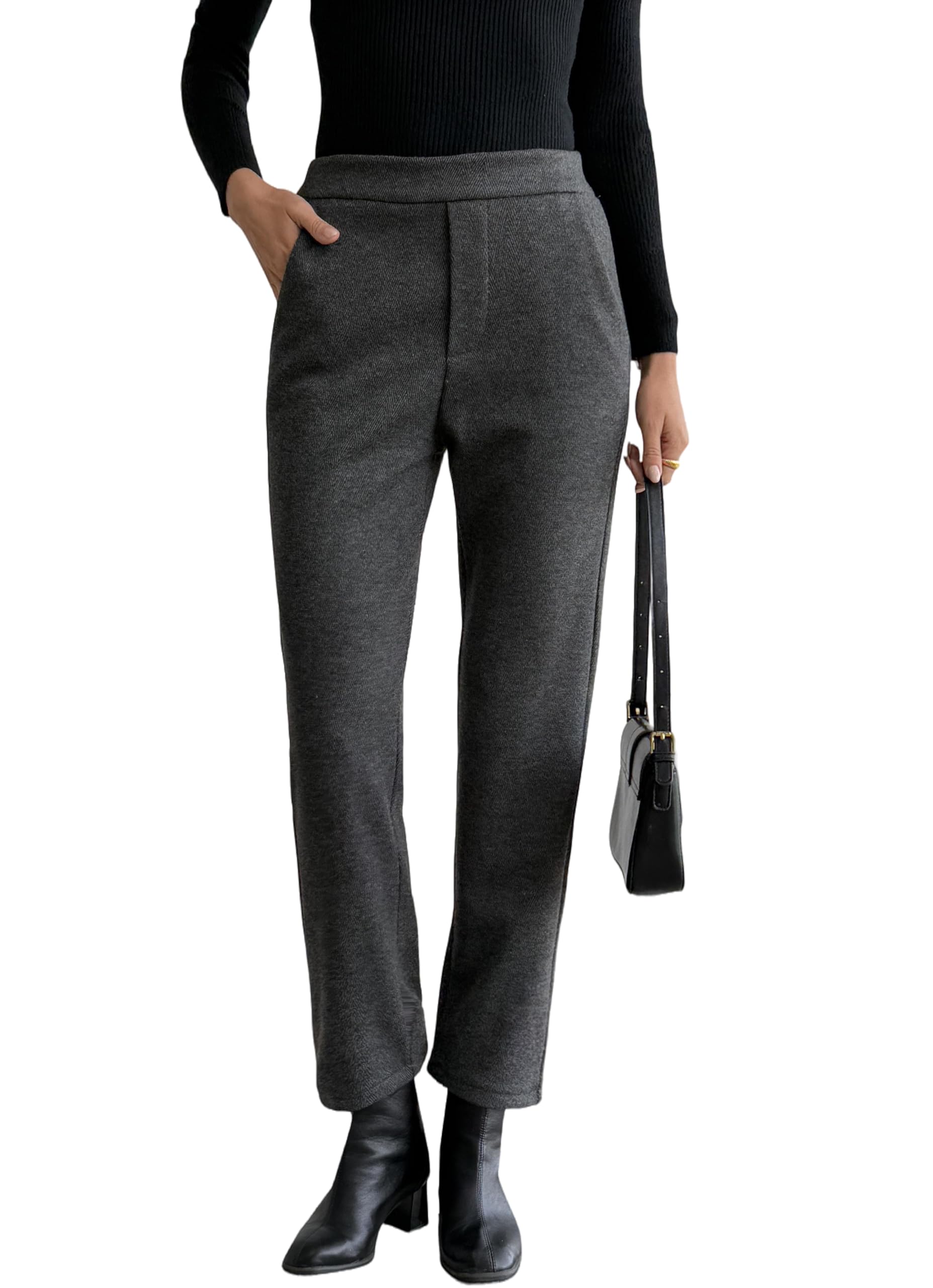 Womens Wool Blend Vintage Tweed Soft Winter Pants Fleece Lined Thermal Pull on Cropped Dress Trouser