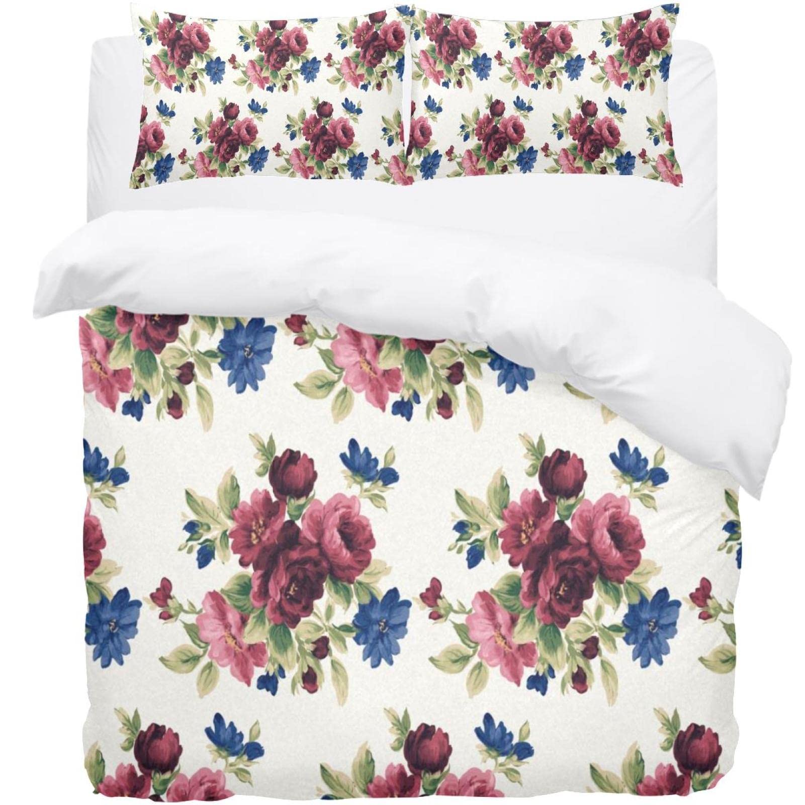 Parure de lit housse de couette et taie d'oreiller motif floral rouge et bleu style vintage