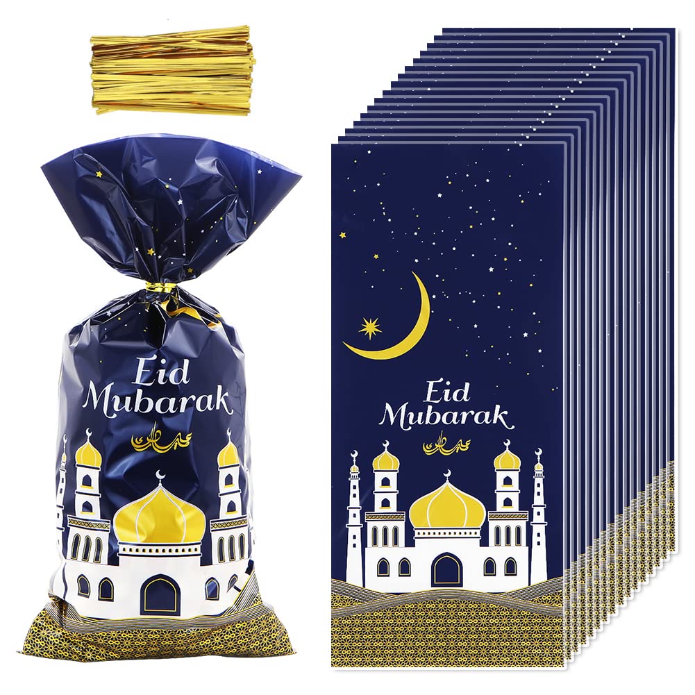 2026 Eid Mubarak Goodie Bags, 100 Pieces Muslim Castle Moon Star Pattern Ramadan Treat Bags Cellophane Bags Goody Favor Bags with Gold Twist Ties for Muslim Islamic Eid Iftar Diwali Party Kids Gifts