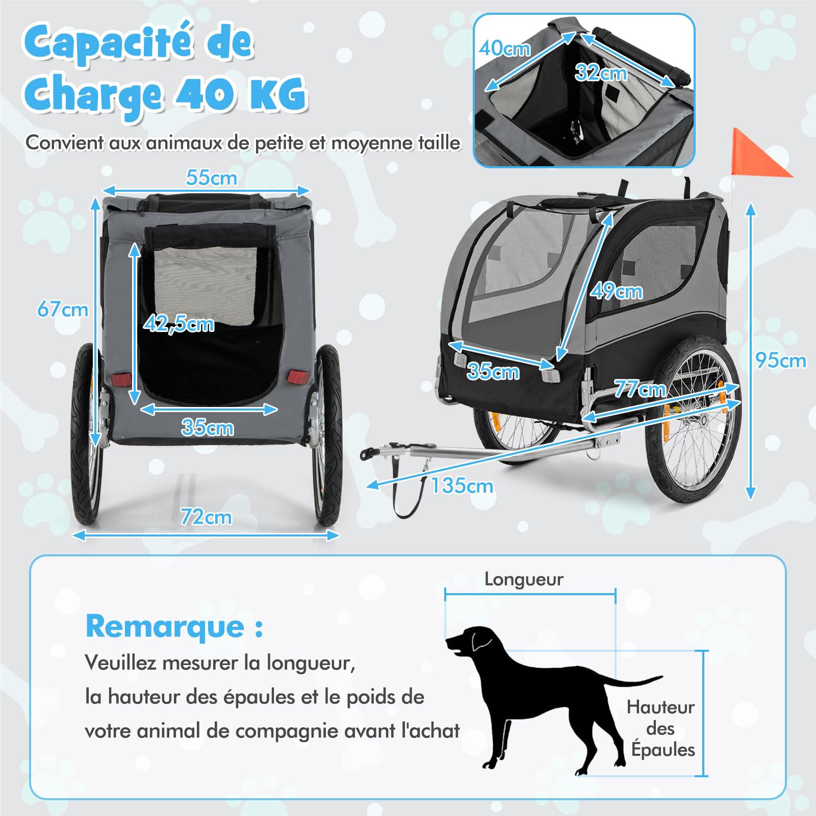 GOPLUS Remorque de Vélo pour Chien, Chariot pour Chien avec Drapeau de Sécurité, 8 Réflecteurs, Cadre Pliable, Roues à Dégagement Rapide, Convient aux Animaux, Charge Max. 40 kg (Gris)