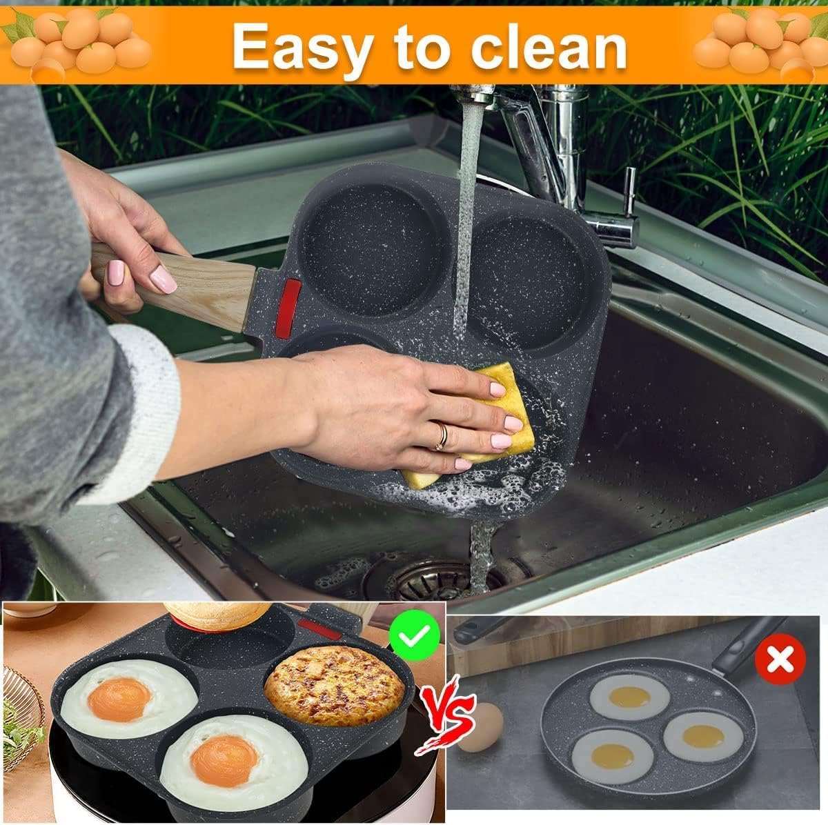 Egg Frying Pan, 4 in 1 Breakfast Pan, Multifunctional, Wooden Handle Medical Stone Egg Pan Mold, Breakfast Egg Pan for Home Kitchen Cooking (Gray)