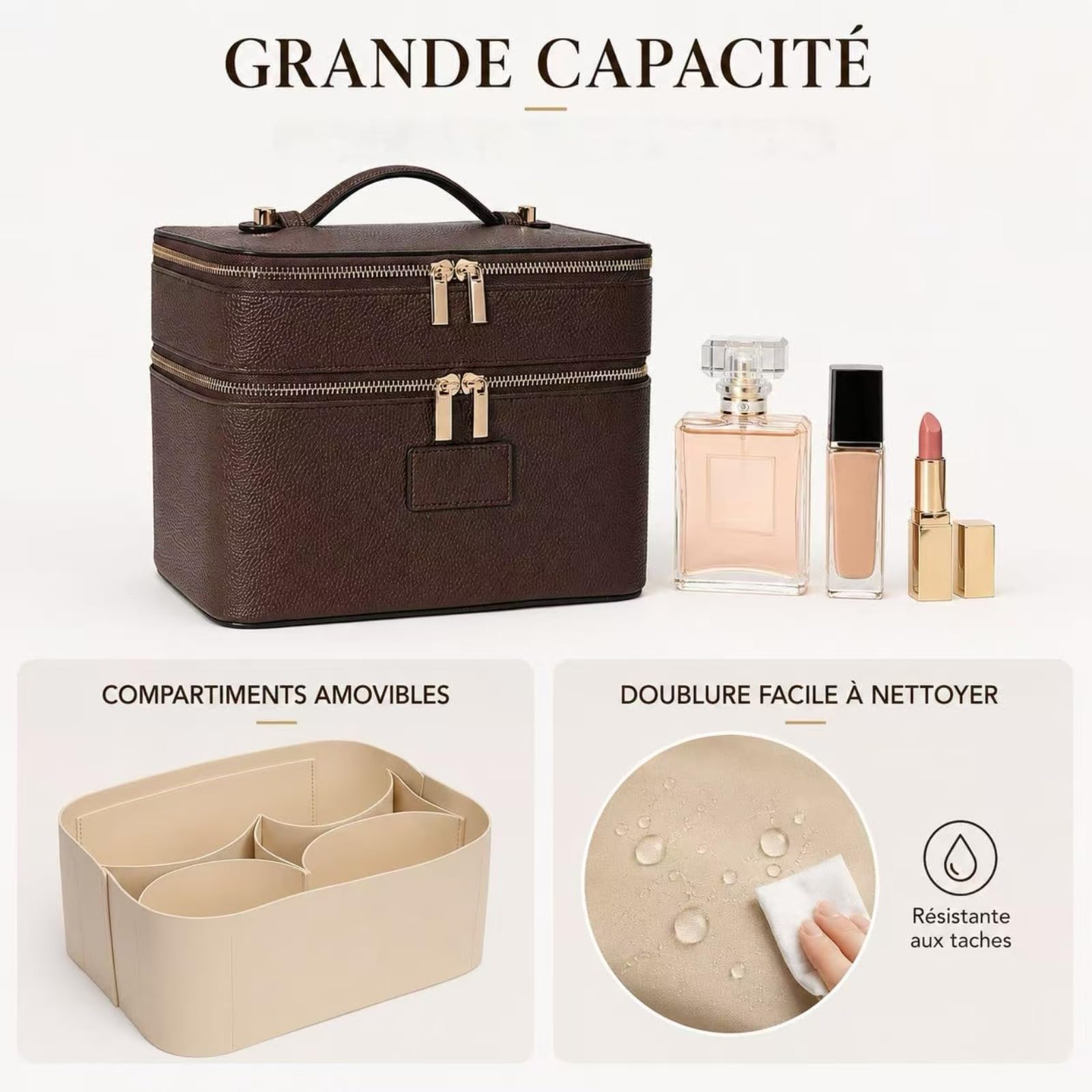 Vanity Maquillage en Cuir Double Couche Femme, Trousse de Toilette Voyage avec Compartiments Amovibles, Vanity Maquillage Femme, Trousse de Toilette Imperméable Portable