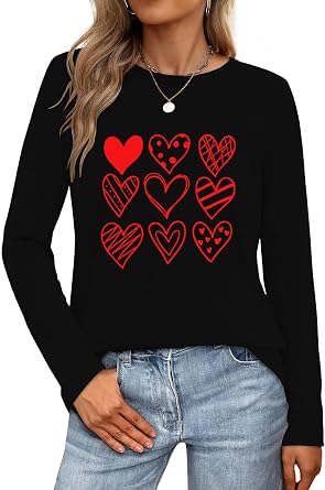 Valentines Long Sleeve Shirts for Women Valentine Love Heart Printed Tee Casual Tops