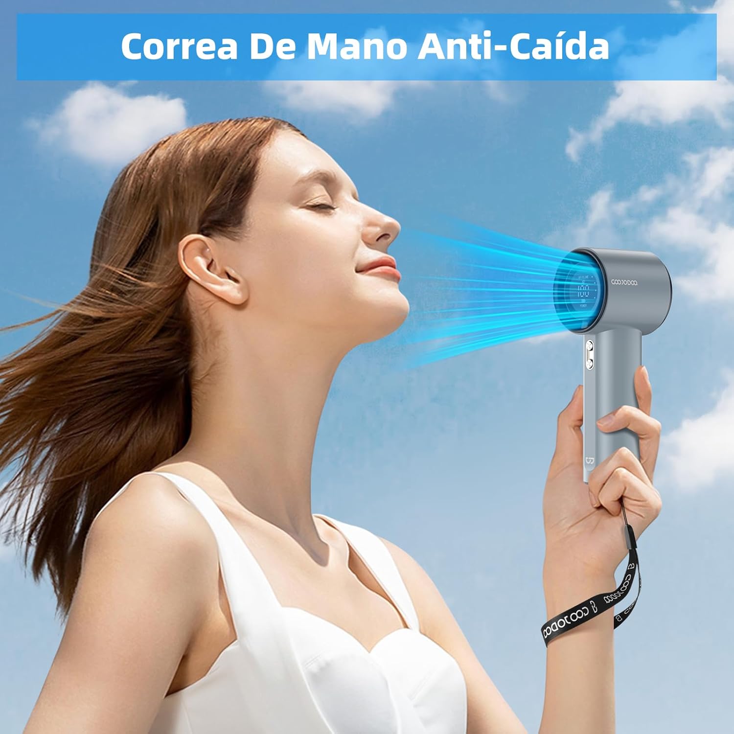 Woman holding the fan with an attached anti-fall hand strap