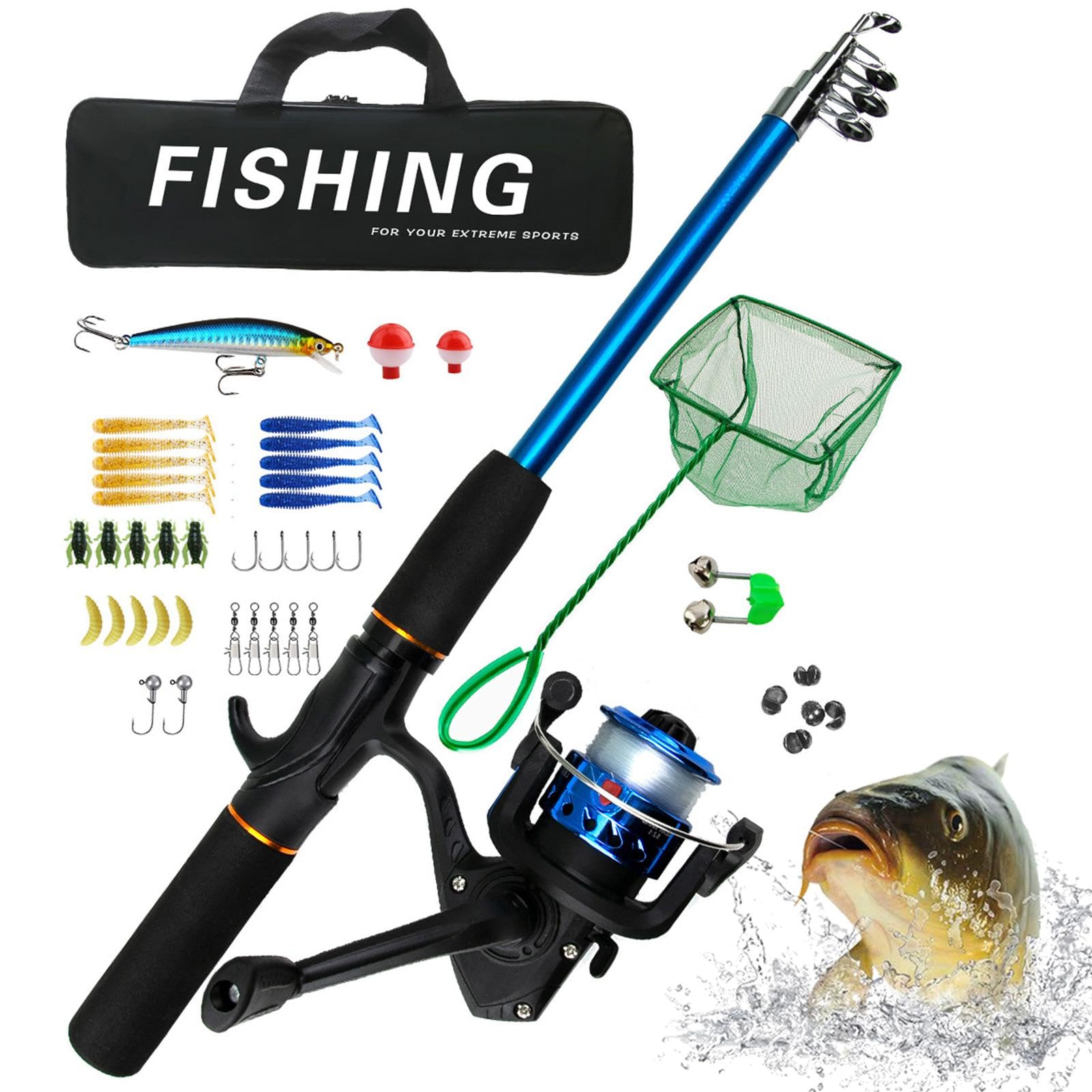Combo canna da pesca e mulinello,Combo da pesca - Kit completo combo bobina | Mulinelli da spinning, canna da pesca telescopica, borsa da pesca, portatile per acqua salata, acqua, viaggi