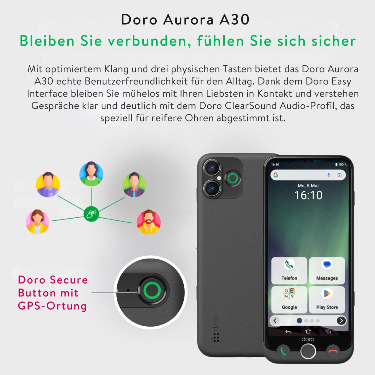 Doro - Aurora A30 Smartphone - Seniorenhandy - Einfach zu bedienen - Hilfetaste mit GPS-Ortung - Hörgerätekompatibel - Inklusive USB-Kabel - Graphit