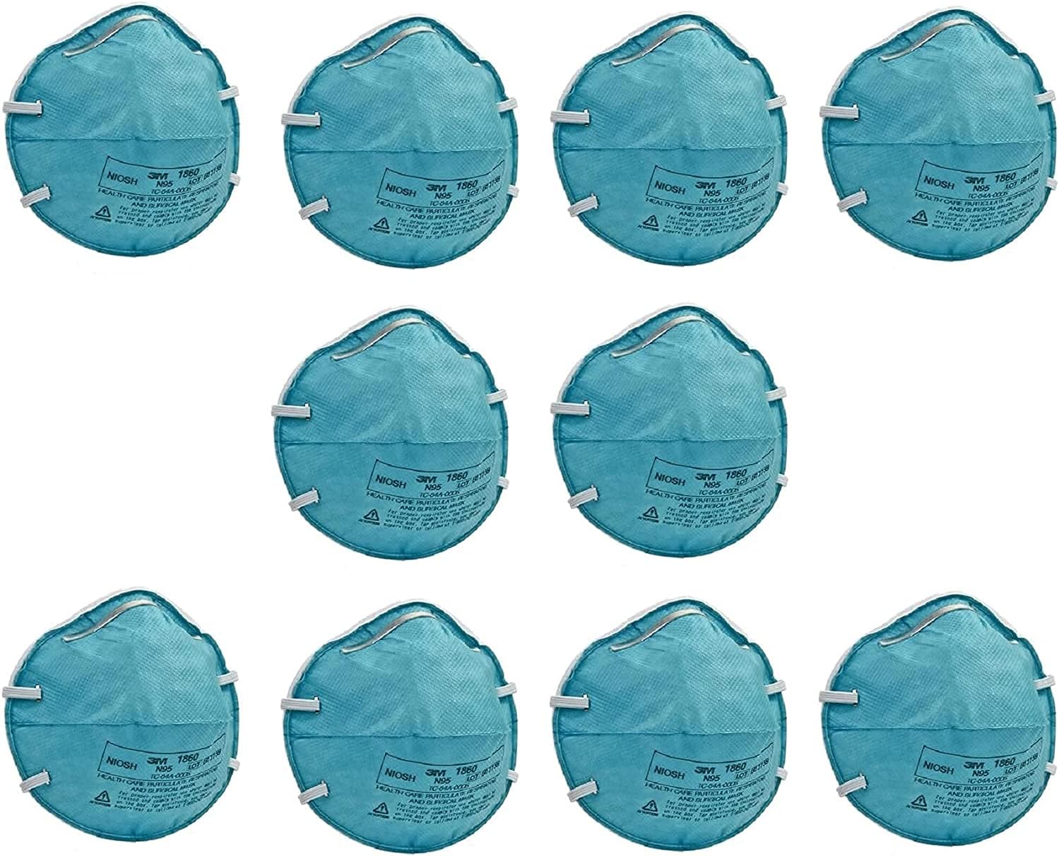 3M 1860 Disposable Respirator, Non Woven Fabric, Metal Nose Clip and Elastic Headband, Meets NIOSH, FDA Standards Surgical Anti Air Pollution Respirator (Blue, Pack of 10)