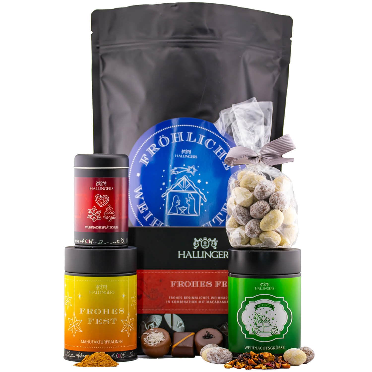 Hallingers Genuss Manufaktur Feinkost Weihnachts-Geschenk-Set - XXL-Wundertüte "Fröhliche Weihn..." großes Mitbringsel Schokolade, Tee, Pralinen, Nougat-Mandeln & Gewürz, Weihnachten für Frauen Männer