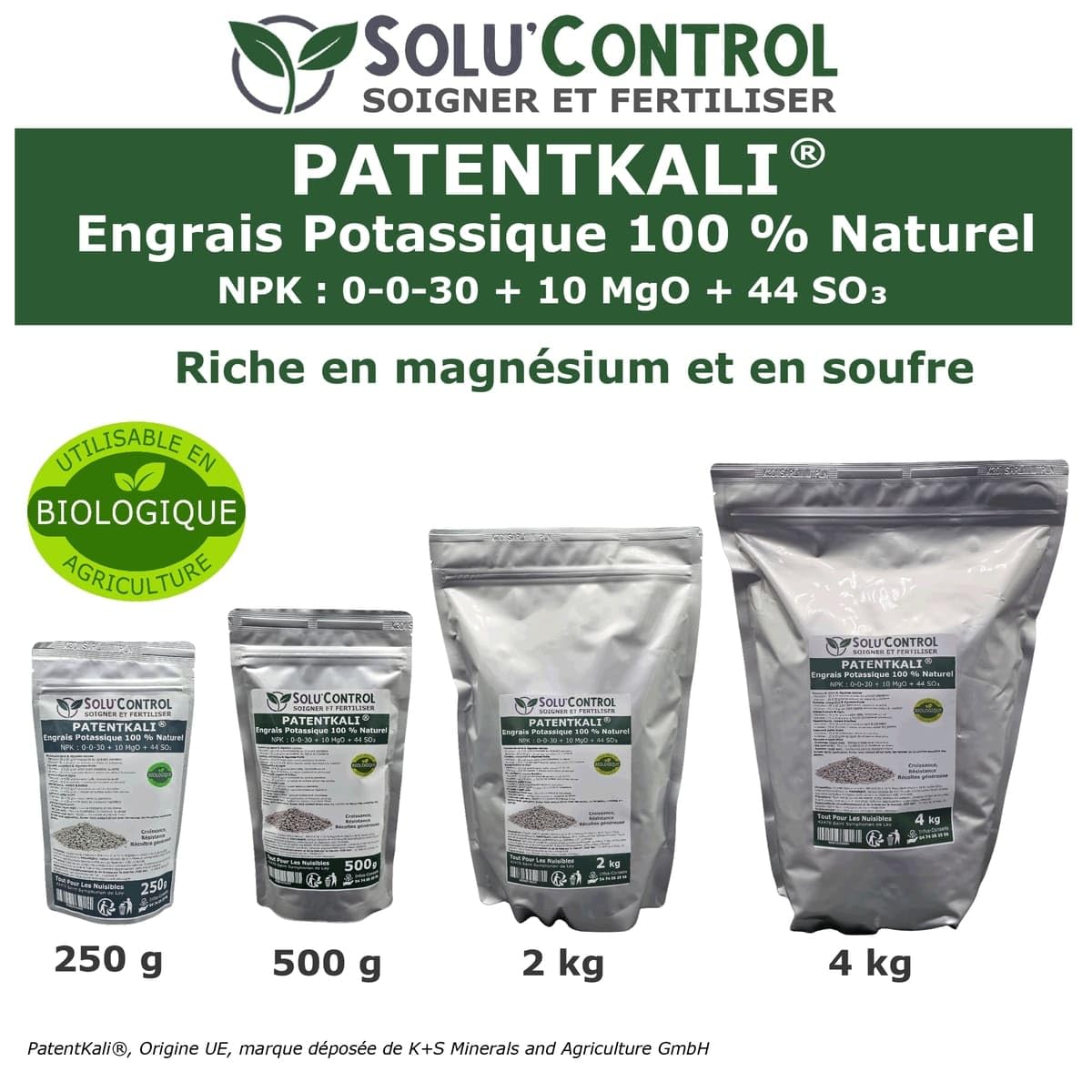 4 kg de PatentKali® SOLU’CONTROL – Engrais Potassique 100% Naturel – NPK 0-0-30 + Magnésium (MgO 10%) et Soufre (SO₃ 44%) – Plantes, Potager, Fruits, Fleurs – Utilisable en Agriculture Biologique