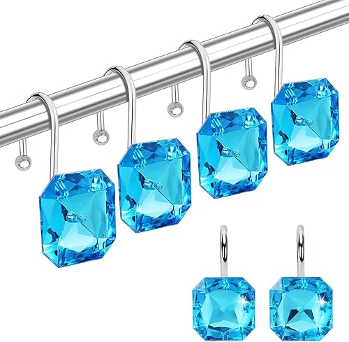 Ganchos de cortina de ducha para baño, acero inoxidable resistente a la corrosión, diamantes de imitación decorativos cuadrados azules ganchos de