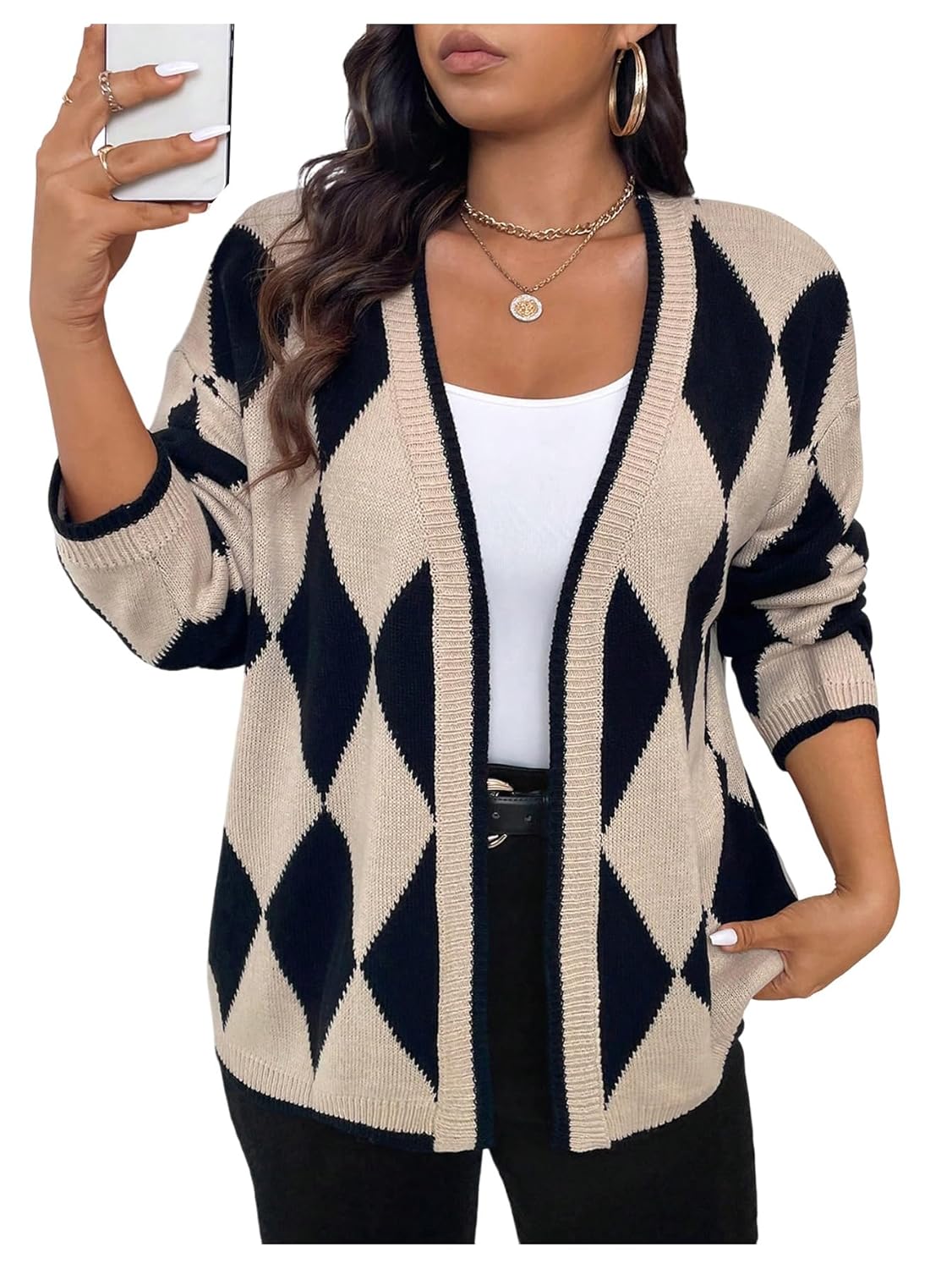 OYOANGLE Womens Plus Size Geo Print Open Front Cardigan Sweater Drop Shoulder Work Dressy Knit Sweater Coat
