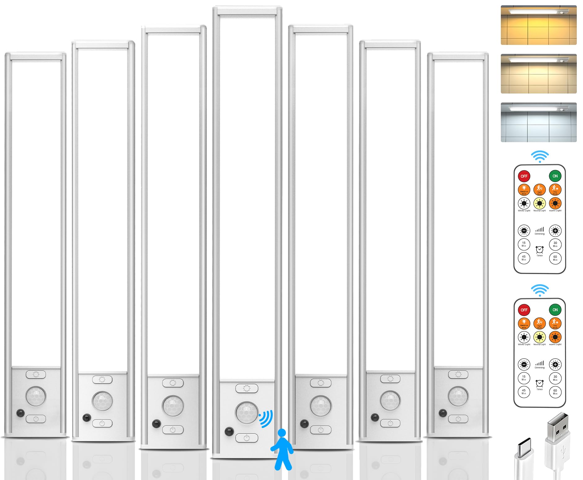 Unterschrankbeleuchtung mit Fernbedienung, wiederaufladbar über USB, LED-Bewegungsmelder-Licht für den Innenbereich, magnetisch, kabellos, 3 Farben, dimmbar, Schrankleuchten für Küche, Kleiderschrank
