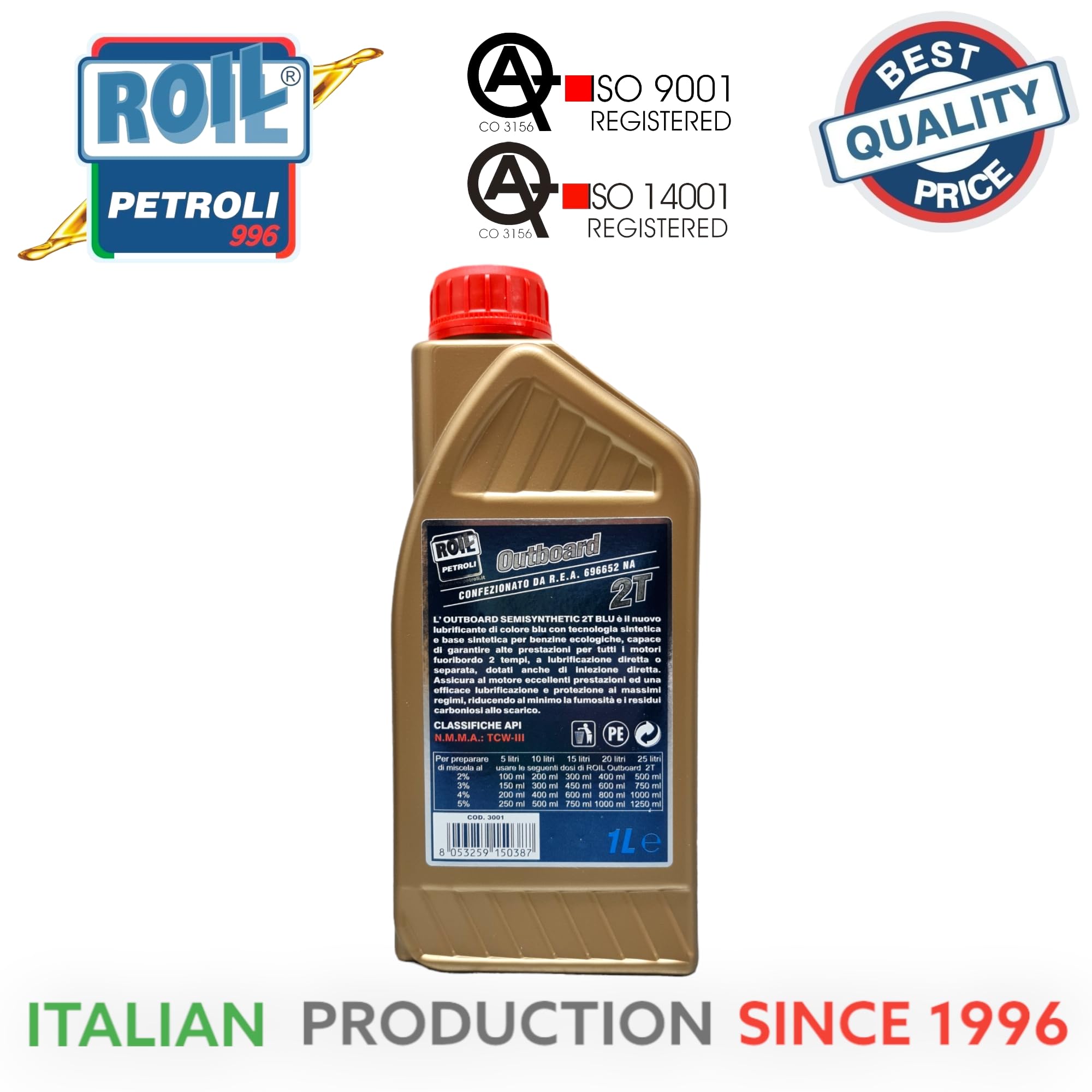2 Litri di Roil Outboard 2T Blu TC-W3 - Olio con Tecnologia Sintetica - Formulato per Motori FUORIBORDO 2 Tempi con e Senza Miscelatore Automatico