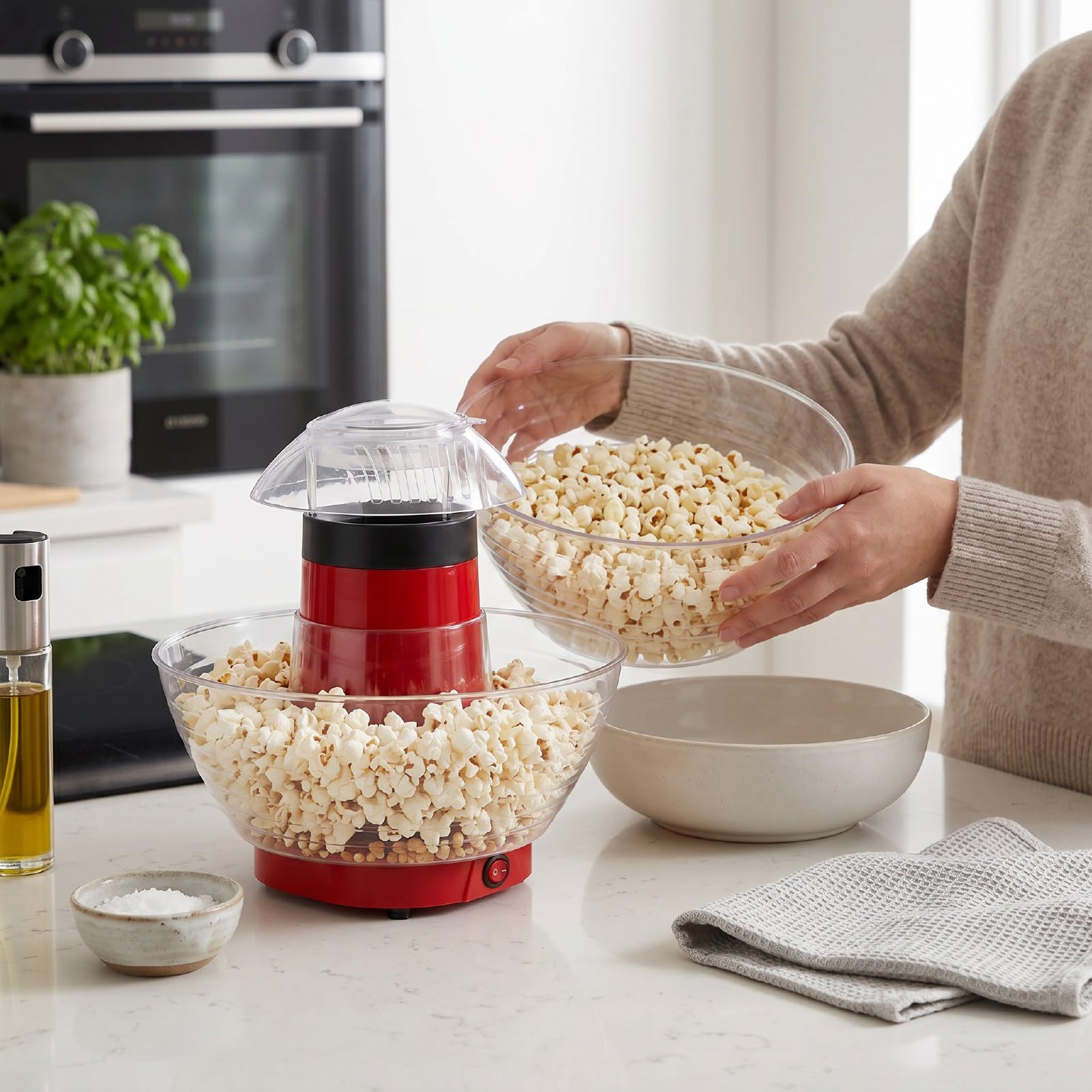 Qcwwy Automatyczna Maszyna do Popcornu z misą | Podwójna warstwa szybkiego ogrzewania, prosta obsługa przyciskiem, łatwe do czyszczenia, kompaktowy rozmiar, na imprezę