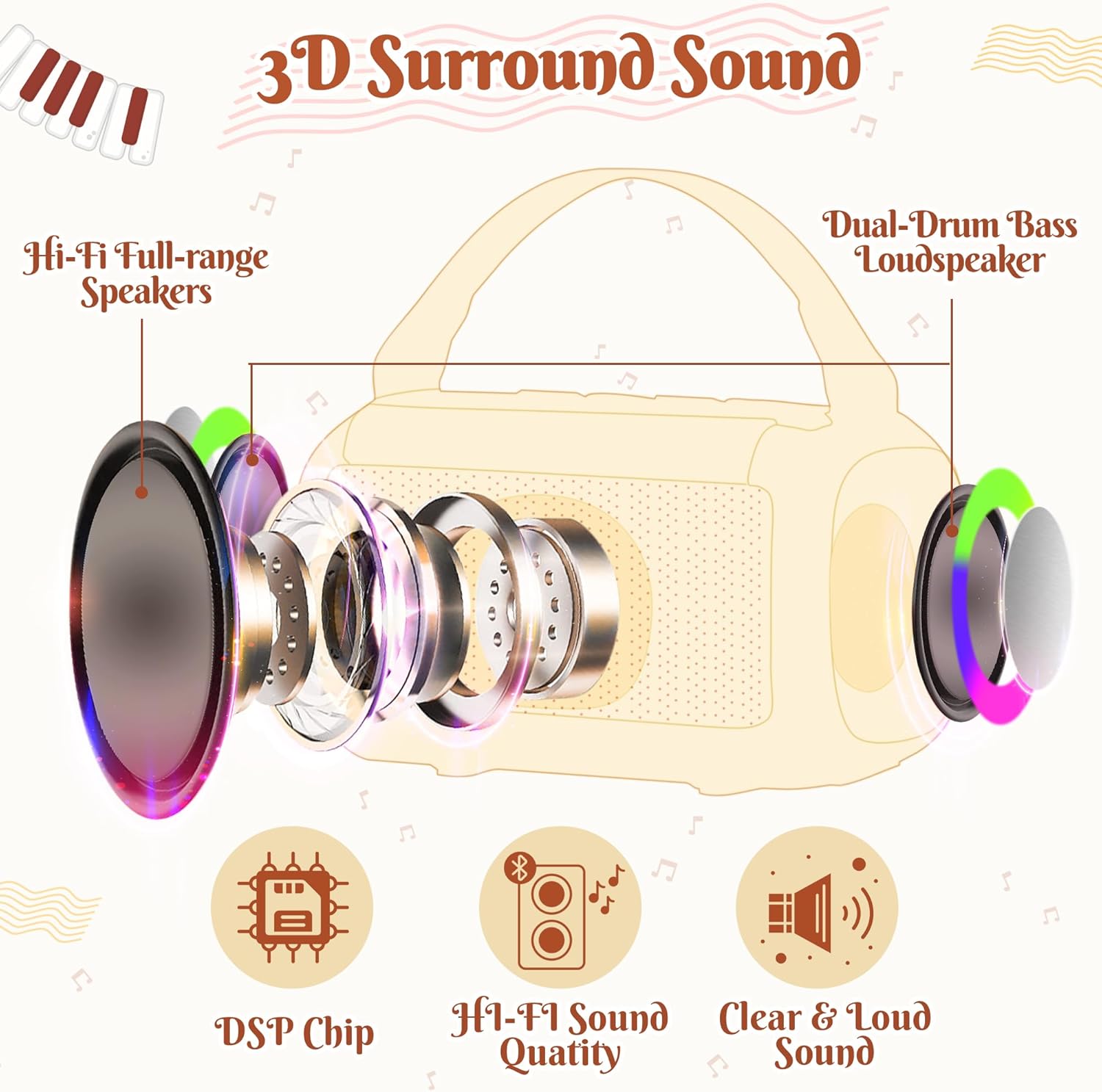 MALLMALL6 Mini Karaoke Machine with 2 Wireless Microphone for Kids Portable Bluetooth 5.3 Karaoke Mic LED Color Lights Speaker Christmas Birthday Family Home Party Toys Gift for Boys Girls Beige - Image 3