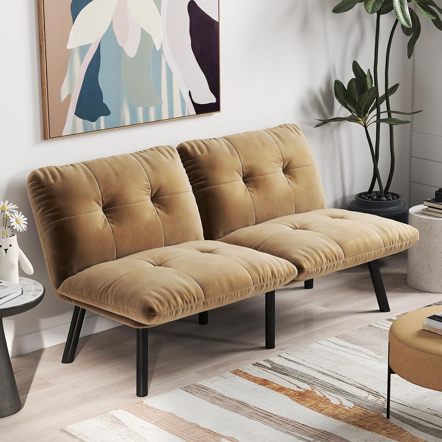 Sofa Bed with Chaise, Modern Convertible Sleeper Sectional Loveseat, Velvet Futon Couch with Tufted Back and Metal Legs for Small Space, Apartment, (Brown)