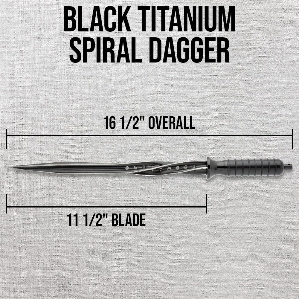 Titanium Spiral Dagger | Quad-Edged Spiral Blade | Slip-Resistant Handle | Custom-Fit Sheath Included | Stainless Steel Blade | 16 1/2" Overall Length (Black)