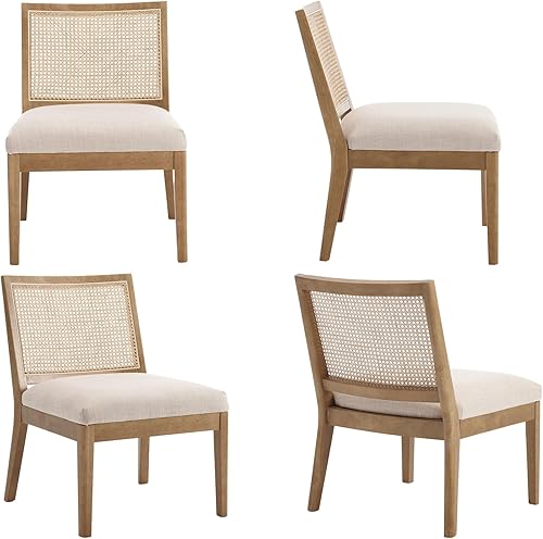 Miniatura 7 de VESCASA Silla decorativa tapizada con respaldo cuadrado de ratán, silla sin brazos con asiento acolchado para sala de estar, lino beige con patas de