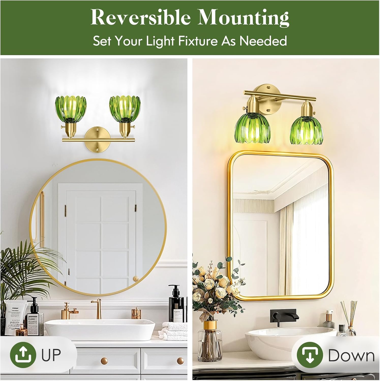 Bathroom Light Fixtures, 2-Light Gold Vanity Light for Bathroom with Green Tulip Glass Shade, Vintage Brass Wall Lighting Fixture Over Mirror, Vanity Wall Lamp for Bedroom Living Room Hallway