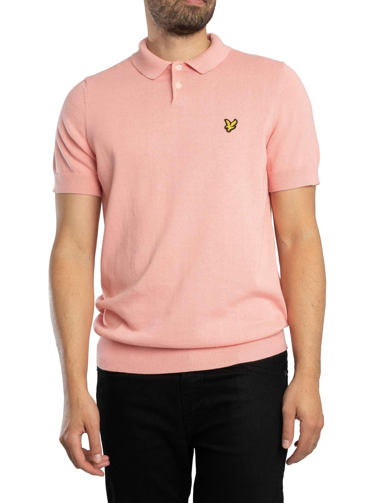 Lyle & Scott Men's Cotton Short Sleeve Knitted Polo Shirt, Pink Grapefruit