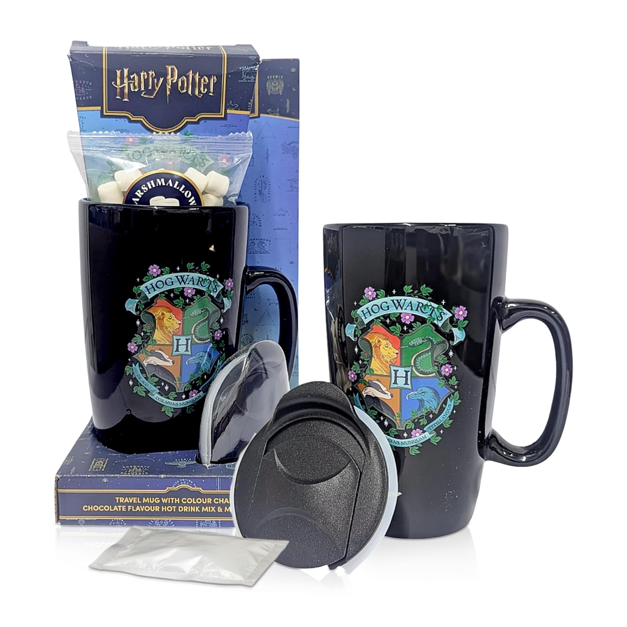 Harry Potter Mug & Hot Chocolate Gift Set - Ceramic Travel Mug with Colour Changing Hot Chocolate Drink. Harry Potter Gifts for Stocking Fillers, Christmas Gift for Kids (Black)
