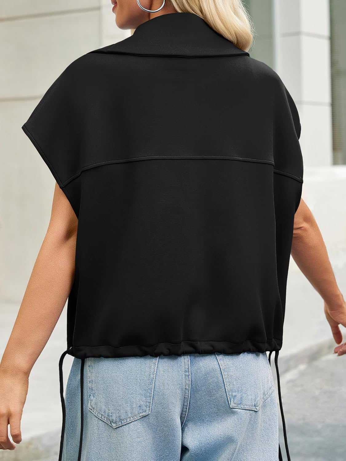Cicy Bell Womens Fall Oversized Vest Cropped Button Down Cap Sleeve Lapel Collar Jackets Casual Drawstring Outerwear - Image 3