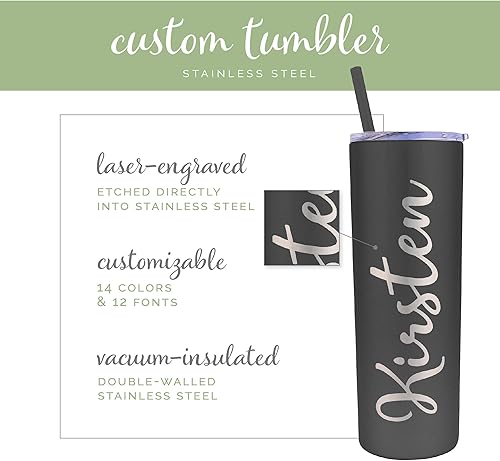 Miniatura 5 de Vaso delgado de acero inoxidable con popote y tapa, termo personalizado (20 onzas)  negro mate