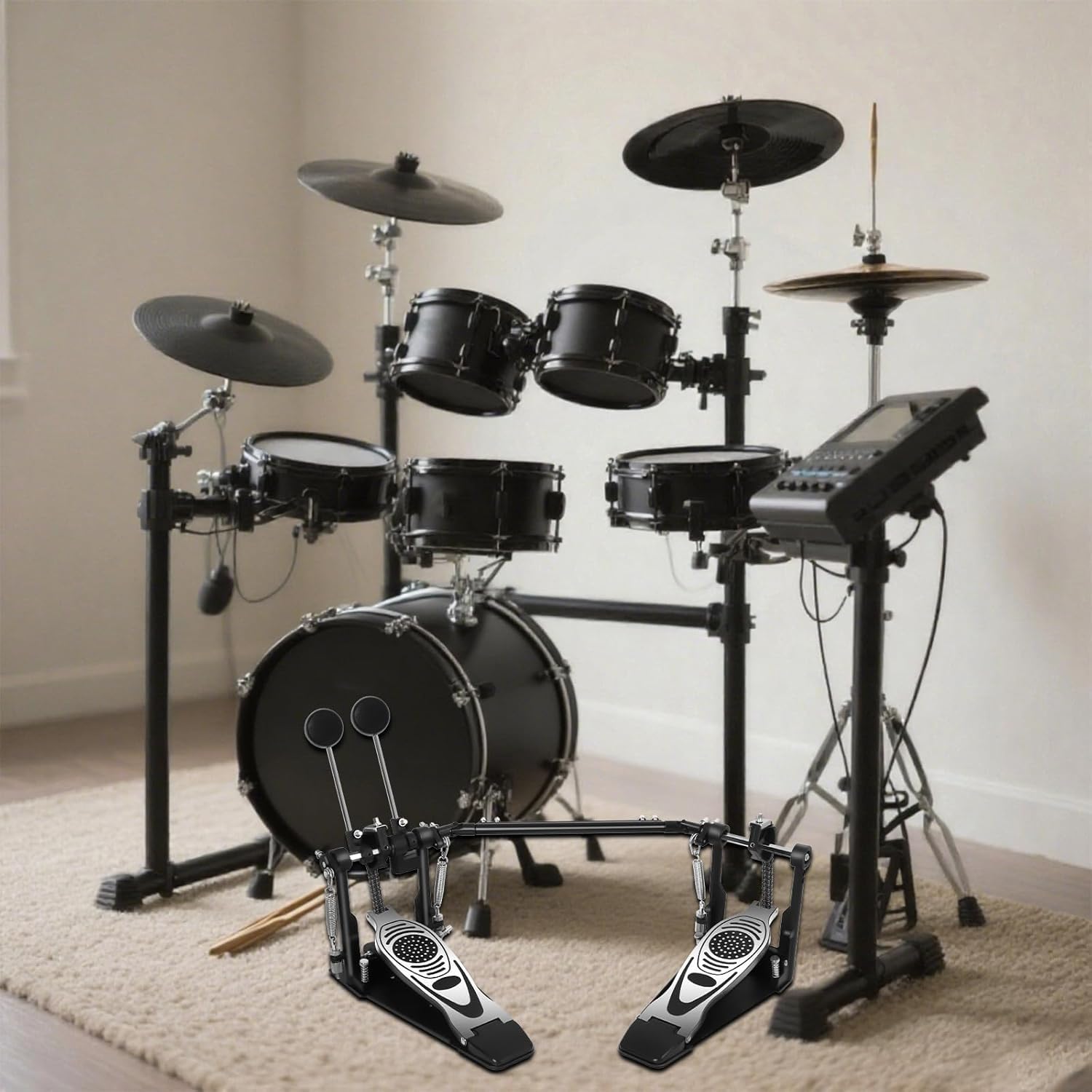 Doppel Bassdrum Pedal mit Doppelkettenantrieb, Kick-Pedal mit einstellbarer Feder- & Schlägelspannung, rutschfeste Bodenplatte, kompatibel mit akustischen & elektronischen Drumsets