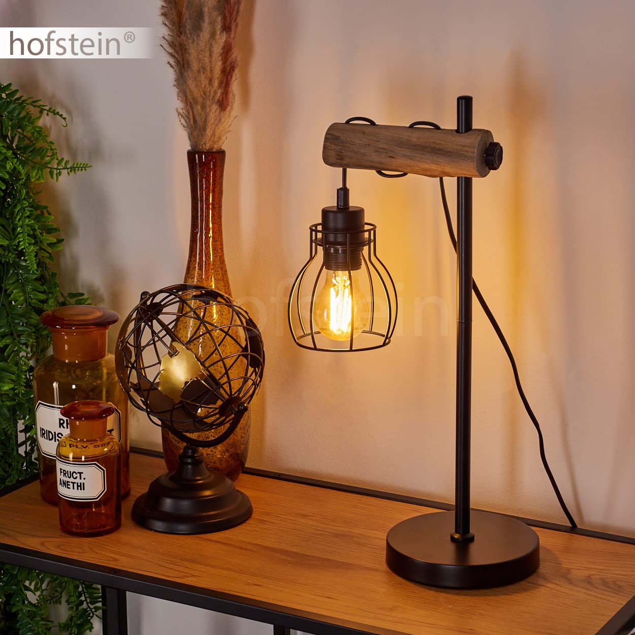 Lampe de table Gondo, lampe en métal noir et bois naturel abat jour en métal noir, disposent d'un interrupteur sur le câble, créant un effect de lumière sur le mur, 1xE27, ampoule(s) non incluse(s)