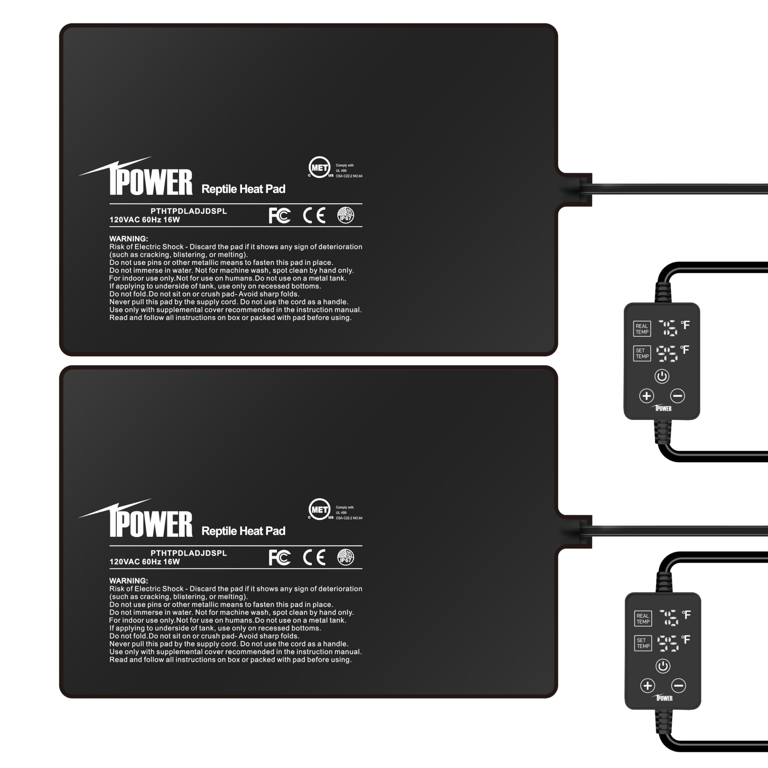 iPower 8 by 12 Inch 16W Reptile Heating Pad with Adjustable Thermostat, Under Tank Warmer Terrarium Heat Mat for Turtles/Snakes/Lizards/Frogs, 2 Pack