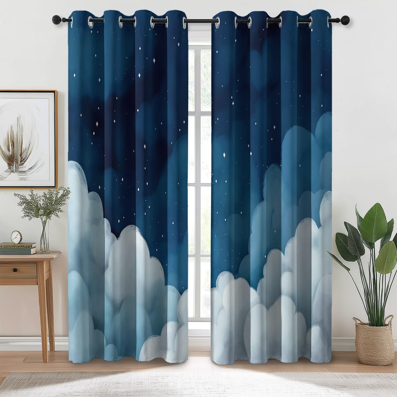 Rideaux Longs 140L X 260H cm (2 Panneaux), Nuages Aquarelle De Dessin Animé Imprimé, Tissu Occultant Épais pour Grand Salon et Loft, Bleu Foncé Gris