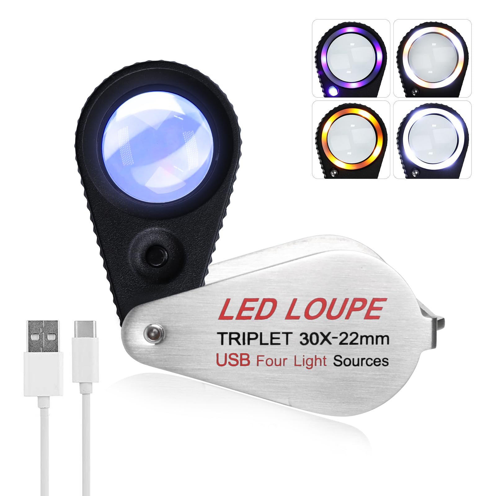 Loupe de bijoutier LED 30x triplet 22mm rechargeable pour examen de montres