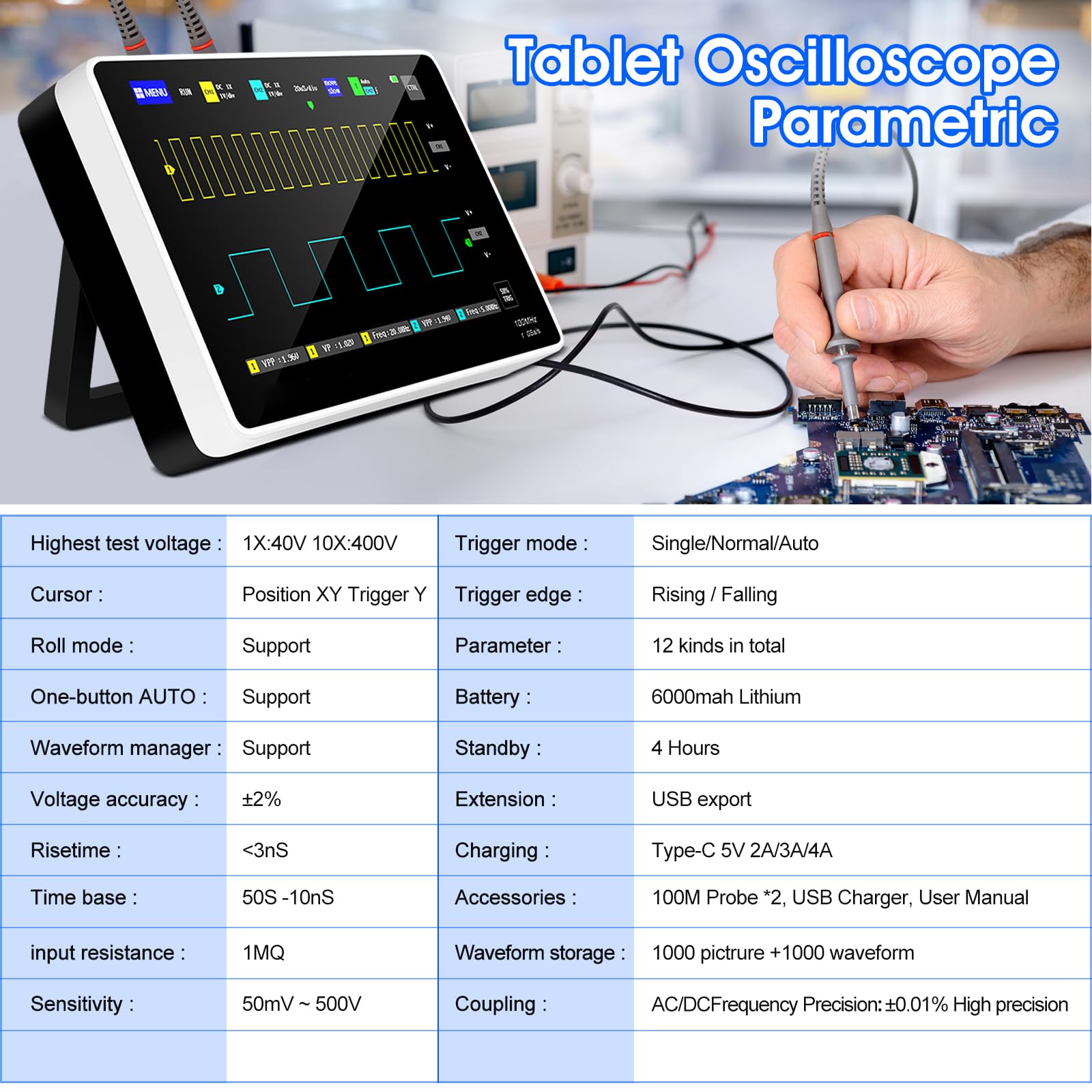 Oscilloscopio Portatile Oscilloscopio Digitale 1013d Multimetro a 2 canali, larghezza di banda 100 MHz, schermo LCD touch screen, frequenza di campionamento 1GSa/s, memoria da 1 GB