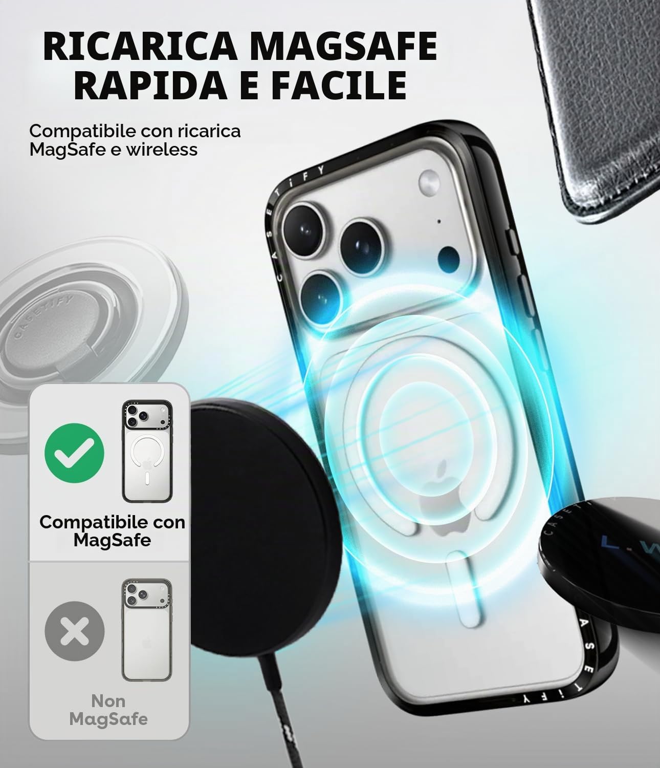 CASETiFY Magsafe - Custodia compatta per iPhone 17 Pro, leggera, sottile, compatibile con Magsafe, colore: Nero trasparente