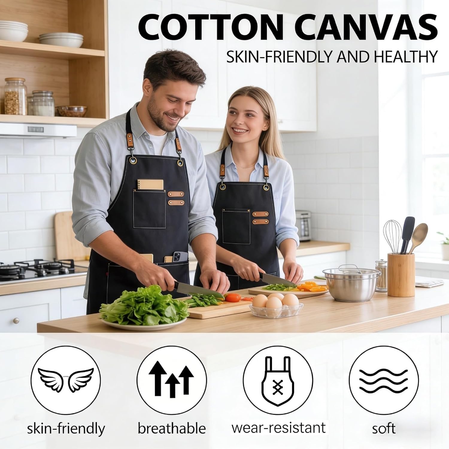 Chef Works Apron, 100% Cotton Canvas Cooking Apron for Women & Men, Kitchen Apron with 3 Practical Pockets, Adjustable Straps, Full Coverage for Cooking, BBQ, Gardening - Image 2