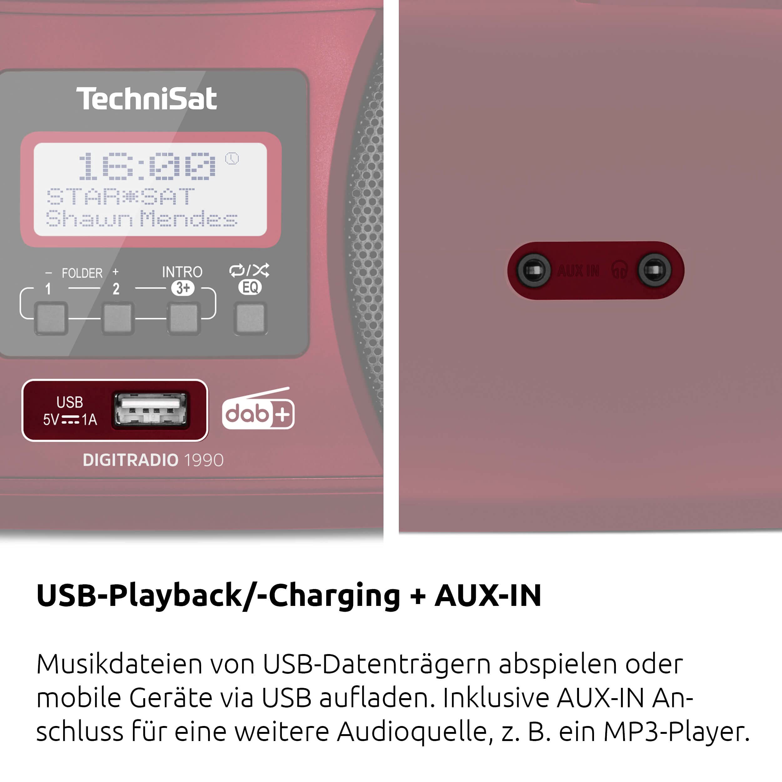 TechniSat DIGITRADIO 1990 - Stereo-Boombox mit DAB+/UKW-Radio und CD-Player (Bluetooth-Audiostreaming, Kopfhöreranschluss, USB, AUX in, Ladefunktion, Uhr, 2 x 1,5 Watt Ausgangsleistung) rot