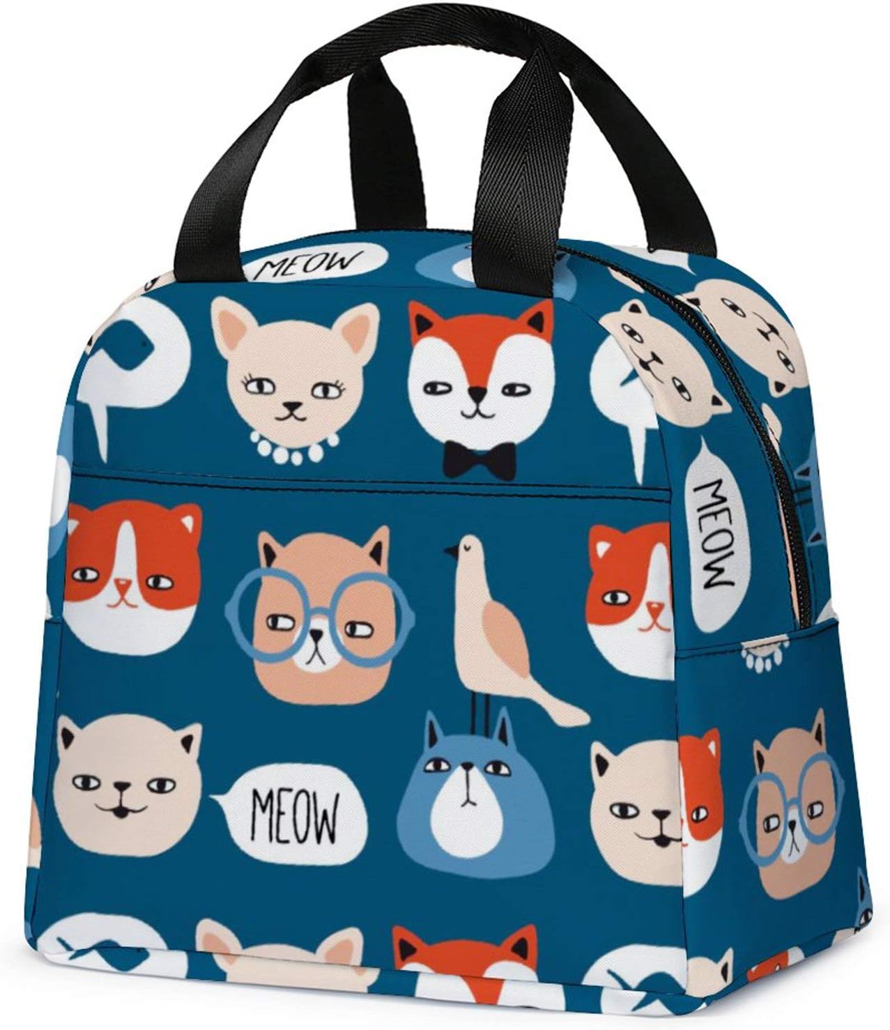 Lunch Bag for Kids, Cute Insulated Kids Lunch Box Container Reusable Cooler Lunch Tote Bag for Children Girls and Boys, School Picnic Travel Outdoors(Steel Blue with Cat)