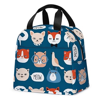 Lunch Bag for Boys and Girls, Cute Insulated Kids Lunch Box Container Reusable Cooler Lunch Tote Bag for School Picnic Travel Outdoors (Steel Blue with Cat Head)