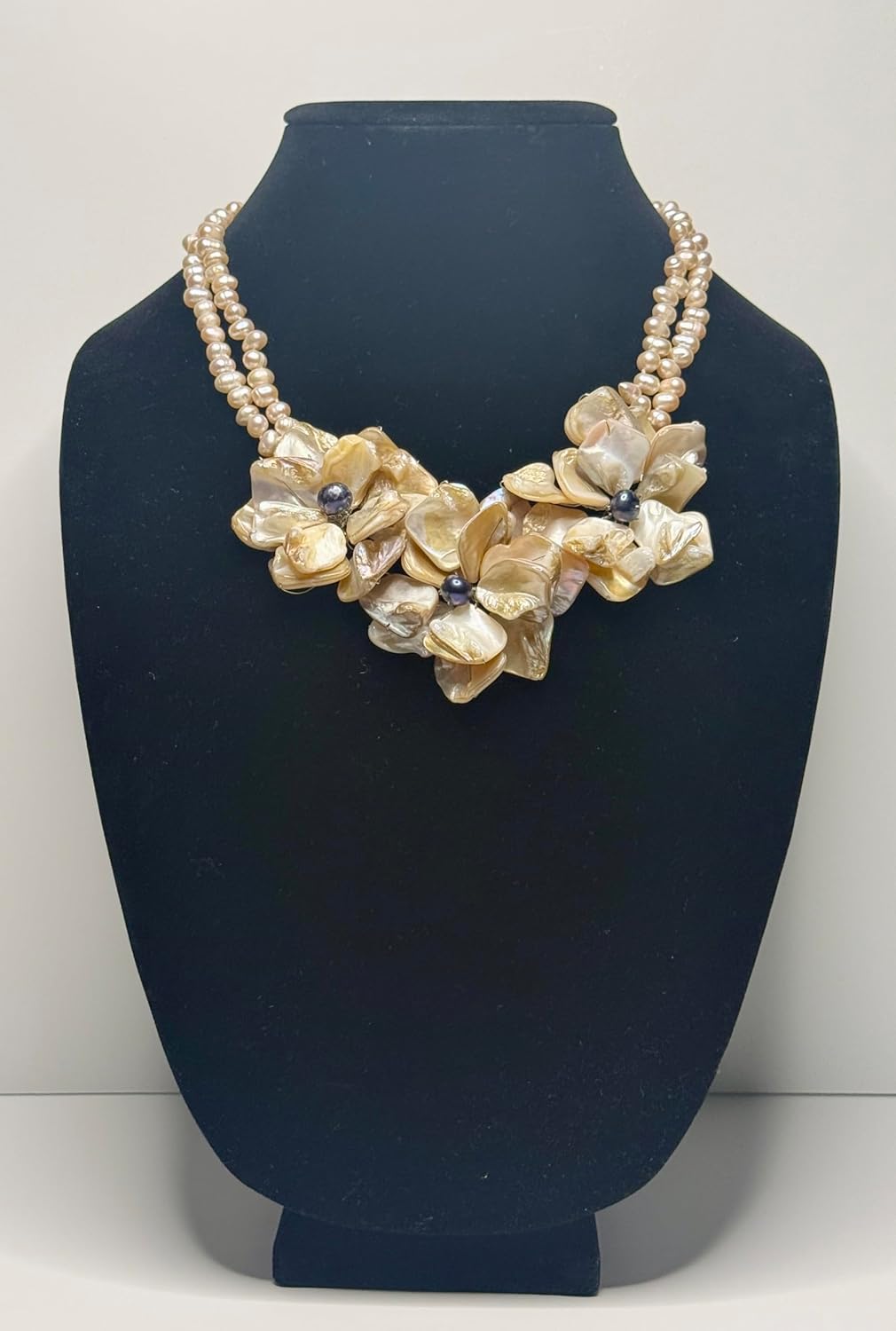 Hand Made Mother of Pearl Shells Made into Beautiful Flowers with Light Pink Freshwater Pearls Strands Statement Necklace for Women, 18" with 2" Extender Chain
